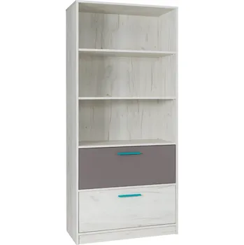 regál Vysoký regál se šuplíky DEANY - dub kraft / popelavý / tyrkysový