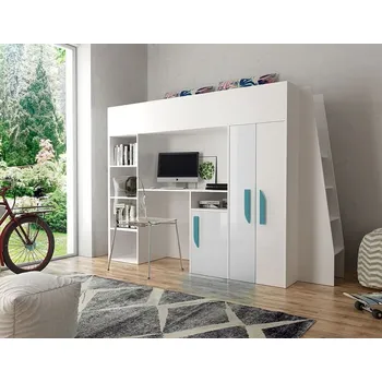 Dětská postel Patrová postel se stolem a úložným prostorem Ida - bílá/tyrkysové úchyty