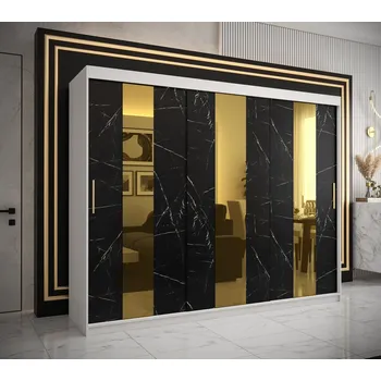 Šatní skříň Designová šatní skříň se zlatým zrcadlem MADLA 4 - šířka 250 cm, bílá / černá