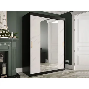 Šatní skříň Šatní skříň 150 cm se zrcadlem CARSON 3 - bílý mramor / černá / zlatá