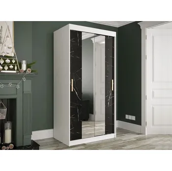 Šatní skříň Úzká šatní skříň 100 cm se zrcadlem CARSON 3 - černý mramor / bílá / zlatá