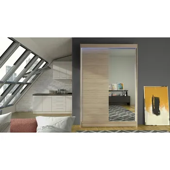 Šatní skříň Posuvná šatní skříň 120 cm se zrcadlem a LED RGB osvětlením SAMANRE 1 - dub sonoma