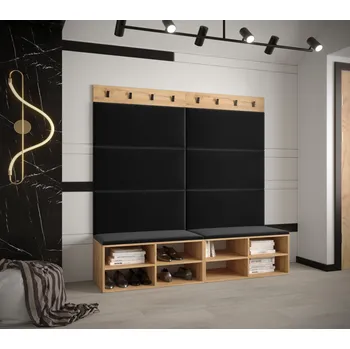 Předsíňová stěna Široký botník s čalouněnými panely HARRISON - dub zlatý, černé panely