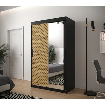 Šatní skříň Skříň s grafikou a zrcadlem JANETTE 3 - šířka 120 cm, černá / dub artisan