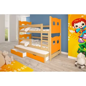 Dětská postel Dětská patrová postel pro tři KALA 1 - 75x180, borovice / oranžová
