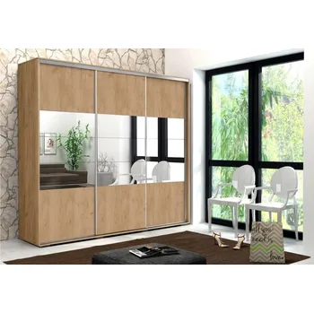 Šatní skříň Třídveřová šatní skříň se zrcadlem 250 cm LUCA - dub craft zlatý