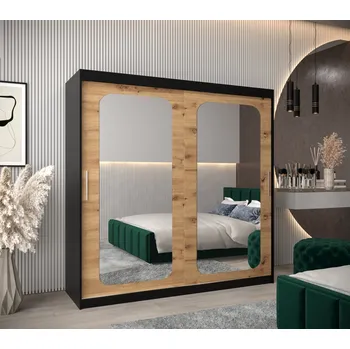 Šatní skříň Zrcadlová skříň DONICELA 2 - 200 cm, černá / artisan