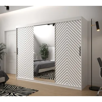 Šatní skříň Skříň s grafikou a zrcadlem JANETTE 3 - šířka 250 cm, bílá