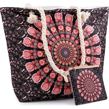 Plážová taška Letní / plážová taška mandala, paisley s taštičkou 39x50 cm, velké, 5 korálová černá