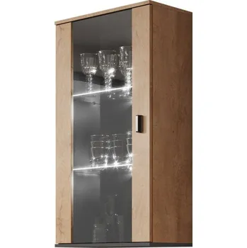 Policová skříň Závěsná vitrína s LED RGB osvětlením KARA - dub lefkas / černá