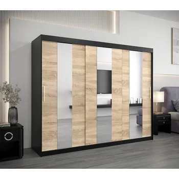 Šatní skříň Skříň s posuvnými dveřmi DORA - šířka 250 cm, černá / dub sonoma