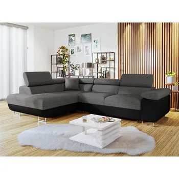 Sedací souprava Rohová rozkládací sedačka LABUS - černá ekokůže / šedá, levý roh