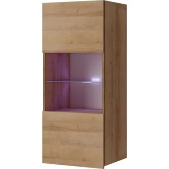 Policová skříň Prosklená závěsná vitrína s LED bílým osvětlením CHEMUNG - dub zlatý