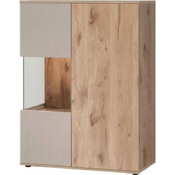 Policová skříň Nízká vitrína HAIKA s LED osvětlením - dub viking / kašmír