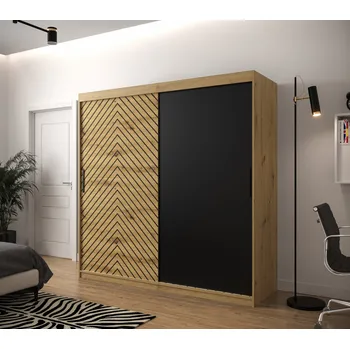 Šatní skříň Šatní skříň s grafikou JANETTE 1 - šířka 200 cm, dub artisan / černá