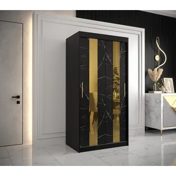 Šatní skříň Designová šatní skříň se zlatým zrcadlem MADLA 4 - šířka 100 cm, černá