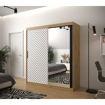 Šatní skříň Skříň s grafikou a zrcadlem JANETTE 3 - šířka 180 cm, dub artisan / bílá