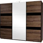 Šatní skříň 250 cm se zrcadlem a LED osvětlením PEORIA 11 - dub monastery / lesklá černá