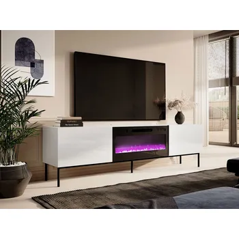 Televizní stolek TV stolek s elektrickým krbem TOKA - lesklý bílý / černý