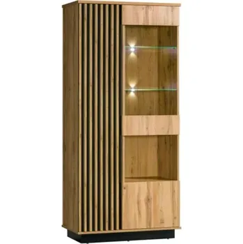 Policová skříň Široká vitrína s LED osvětlením MILAGRA - dub wotan / černá