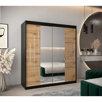 Šatní skříň Šatní skříň se zrcadlem EWELINA - šířka 180 cm, černá / dub artisan