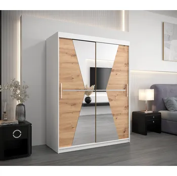 Šatní skříň Šatní skříň se zrcadly MILANA - šířka 150 cm, bílá / dub artisan