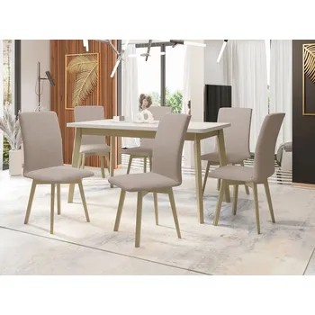 Jídelní stůl Moderní jídelní sestava 6+1 ADELBITE 10 - bílá / dub sonoma / béžová