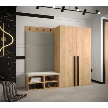 Předsíňová stěna Předsíňový nábytek s čalouněnými panely HARRISON - dub zlatý, béžové panely