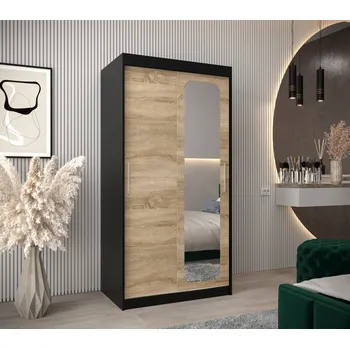 Šatní skříň Zrcadlová skříň DONICELA 1 - 100 cm, černá / sonoma