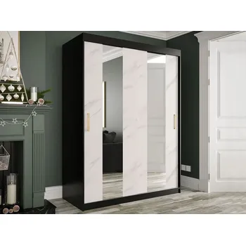 Šatní skříň Šatní skříň 150 cm se zrcadlem CARSON 1 - bílý mramor / černá / zlatá