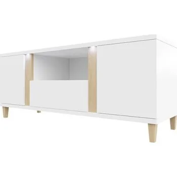 Televizní stolek Televizní stolek s LED osvětlením BANTRY - bílý / lesklý bílý / přírodní dýha