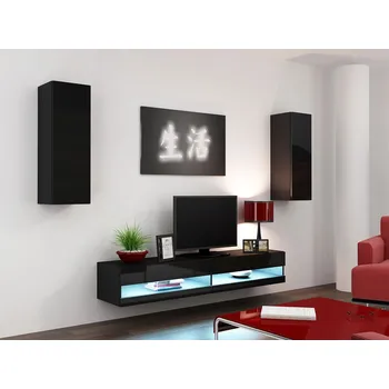 Obývací stěna Stěna do obývacího pokoje s LED modrým osvětlením ASHTON N10 - černá / lesklá černá