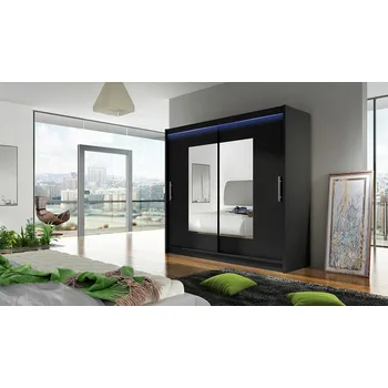 Šatní skříň Šatní skříň 180 cm se zrcadlem a LED osvětlením FLORENCIO 7 - černá