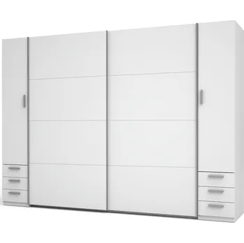 Šatní skříň Velká šatní skříň 270 cm se šuplíky GIRADOT - bílá / stříbrné úchyty