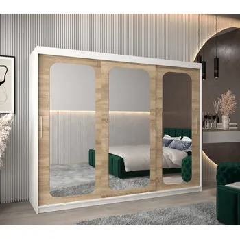 Šatní skříň Zrcadlová skříň DONICELA 2 - 250 cm, bílá / sonoma