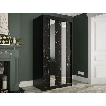 Šatní skříň Úzká šatní skříň 100 cm se zrcadlem CARSON 1 - černý mramor / černá / zlatá