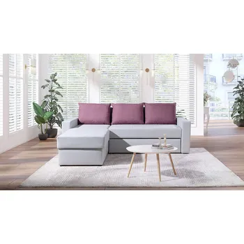 Sedací souprava Sedačka s úložným prostorem a polštáři DENIS - světle šedá / fialová