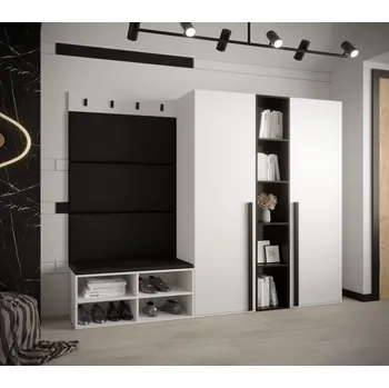 Předsíňová stěna Velká stěna do předsíně s čalouněnými panely HARRISON - bílá, černé panely z ekokůže