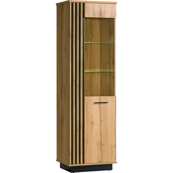 Policová skříň Úzká vitrína MILAGRA - dub wotan / černá