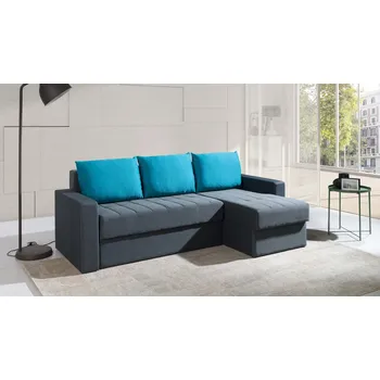 Sedací souprava Rohová sedací souprava s úložným prostorem INDRA - šedá / modré polštáře