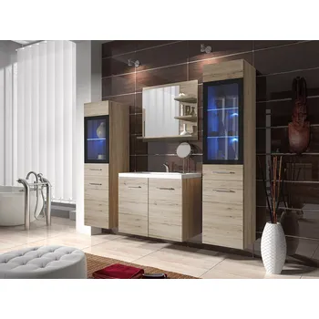 Koupelnový nábytek Koupelnová stěna s umyvadlem a RGB LED osvětlením YUKO 1 - dub san remo + sifon a baterie Maro ZDARMA