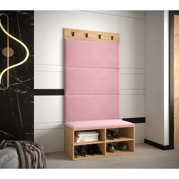 Předsíňová stěna Botník s čalouněnými panely HARRISON - dub zlatý, růžové panely