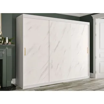Šatní skříň Moderní velká šatní skříň 250 cm se šuplíky CARSON 2 - bílý mramor / bílá / zlatá