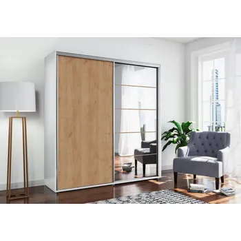 Šatní skříň Prostorná zrcadlová šatní skříň 175/215 JACOBO - bílá / dub craft zlatý