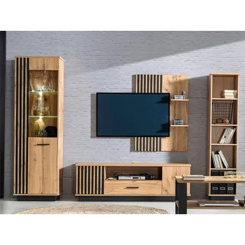 Obývací stěna Stěna do obývacího pokoje s LED osvětlením MILAGRA 2 - dub wotan / černá