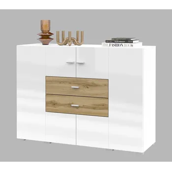 Komoda Kombinovaná komoda NIKOL - bílá / lesklá bílá / dub wotan