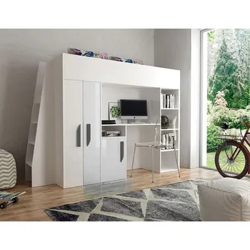 Dětská postel Patrová postel se stolem a úložným prostorem Ida - bílá/šedé úchyty