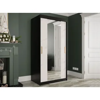 Šatní skříň Úzká šatní skříň 100 cm se zrcadlem a šuplíky CARSON 3 - bílý mramor / černá / zlatá