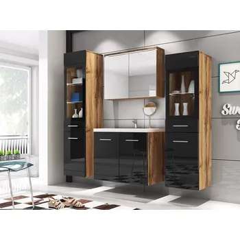 Koupelnový nábytek Koupelnová sestava s LED osvětlením YUKO 2 - dub wotan / lesklá černá + sifon a baterie Economico ZDARMA