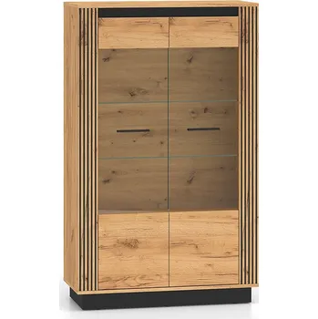 Policová skříň Vitrína s prosklenou částí MING - dub craft zlatý / černá